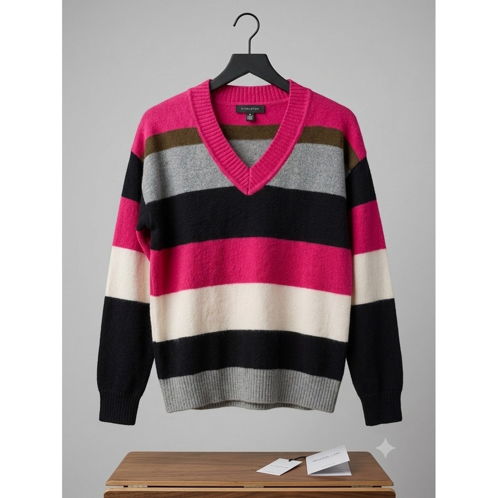 H Halston Womens Pink Multi Stripe V-Neck Knit Sweater Size M NWT
